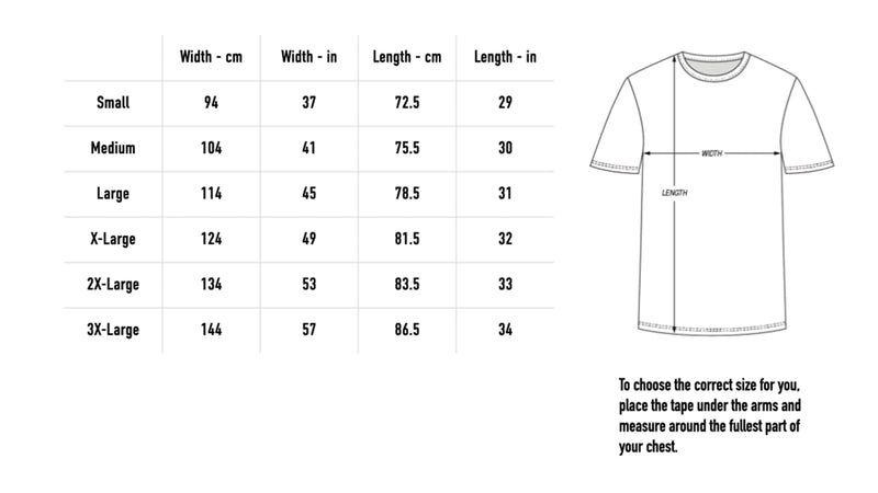 Size chart for All Rights Reserved Tee - Black